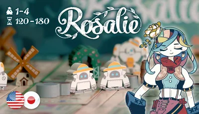 "Rosalie" with two small robots wearing hats on a game board, illustrated character with flowers.