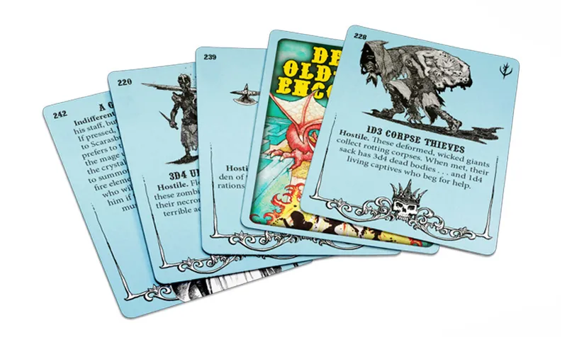 A collection of five encounter cards from Philip Reed’s Deck of Old School Encounters series, featuring a light blue background. Each card displays a unique encounter description, including details about hostile creatures like "3D4 Corpse Thieves" and "3D Undead," along with their reactions and behaviors. The top card prominently features the title "DECK OF OLD SCHOOL ENCOUNTERS," while the illustrations depict various fantasy creatures and scenarios relevant to tabletop RPGs.