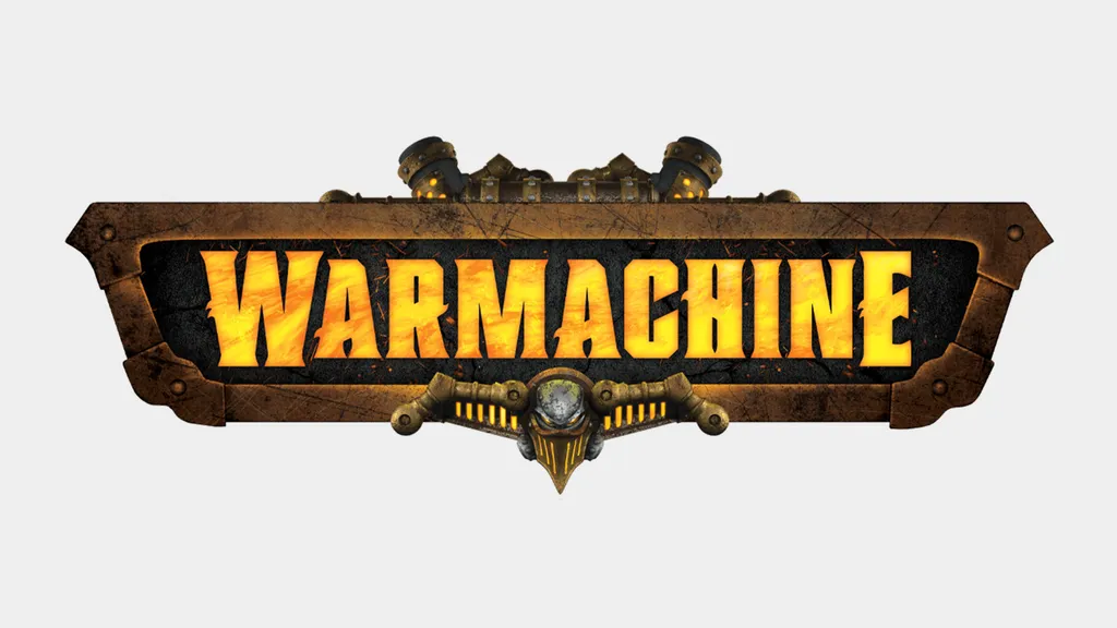 The image features the logo for "Warmachine," prominently displayed with bold, fiery yellow letters against a textured black and brown background. Above the text, there are mechanical elements resembling pipes or machinery, adding to the industrial theme of the game. The overall design conveys a sense of power and intensity, fitting for the tabletop gaming universe it represents.