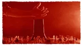 Two large hands reaching down toward small figures and a tall monolith.