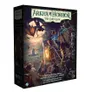 The box for "Arkham Horror: The Card Game Chapter Two" features a dramatic illustration depicting a chaotic scene in a dark, urban environment. In the foreground, several characters are engaged in a tense moment, with a figure holding a lantern and others appearing to react to a looming threat above, possibly a large creature. The background showcases a cityscape with gothic architecture, shrouded in shadows, enhancing the atmosphere of mystery and supernatural terror. The title and subtitle are prominently displayed at the top, along with details about the game.