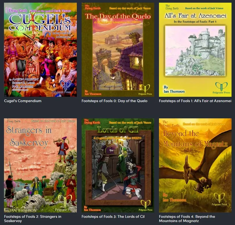 "Cugel's Compendium" book cover with colorful fantasy characters.