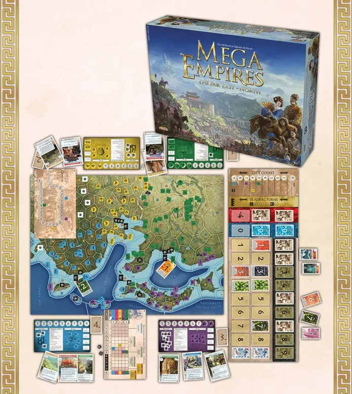 A large board game setup for "Mega Empires: The Far East - North" is displayed, featuring a detailed game board depicting East Asia with various regions marked in different colors. The game box is positioned at the top, showcasing the title and artwork. Surrounding the board are numerous game components, including player boards, trading cards, and tokens, all organized neatly to facilitate gameplay.