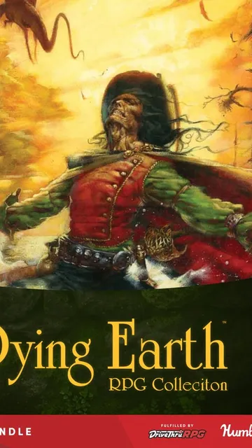 Skeletal figure in red coat and green cape, fiery sky, text "The Dying Earth"