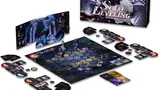 Solo Leveling board game box, components, and hexagonal game board with miniatures and cards.