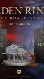 Two core boxes for the Elden Ring board game expansions, titled "Dominion of Rot" and "Machinations of the Witch," are prominently displayed. The "Dominion of Rot" box features a detailed, white wolf-like creature in the foreground, while the "Machinations of the Witch" box is positioned behind it, showcasing a character figure in a brown hue. The background features a dramatic gradient of red and blue, enhancing the fantasy theme, with the title "ELDEN RING: THE BOARD GAME - ROT & SORCERY" prominently featured at the top.
