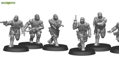Three sci-fi miniatures are displayed, featuring stealth-suited soldiers in dynamic poses. The figures are equipped with various weapons, including a pistol and an MP7, and wear tactical gear such as body armor and goggles. Each miniature stands on a circular base, showcasing detailed sculpting and design.
