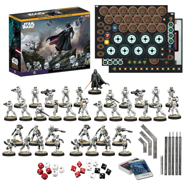 A Star Wars: Legion Galactic Empire Starter Set is displayed, featuring a box with artwork of Darth Vader and stormtroopers in a battle scene. In front of the box, there are 24 miniatures, including a prominent Darth Vader figure and various stormtroopers, all in a gray and white color scheme. Additionally, the set includes dice in red, white, and black, game tokens, measurement tools, and cards, providing everything needed for new players to start their games.