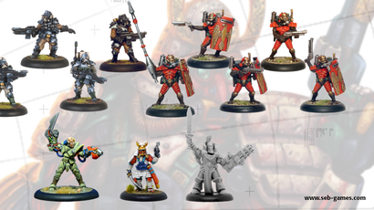 A collection of miniature figures showcases two new additions to the webshop. The top row features several armored warriors, including a fierce warrior from the Leviathan Classic Range, who channels Earthpower, and multiple Convict Auxilia in red armor, equipped for close combat. The bottom row includes a diverse array of characters, such as a figure in green with a bow, a samurai-inspired warrior, and a gray figure wielding a large weapon, all set against a subtle background.