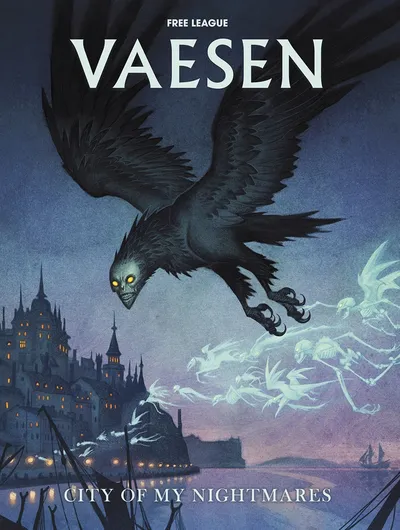 A large, ominous black bird with glowing yellow eyes soars through a twilight sky, its wings spread wide. Below, a dark silhouette of a Gothic cityscape features pointed towers and intricate architecture, hinting at a mysterious atmosphere. Ethereal, ghostly figures appear to float in the air, enhancing the eerie tone of the scene, while the title "VAESEN" is prominently displayed at the top.