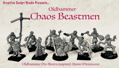A collection of ten hand-sculpted, 28mm scale Chaos Beastmen miniatures is displayed prominently, showcasing a variety of dynamic and expressive designs. Each figure features unique characteristics, such as exaggerated limbs and distinct facial expressions, reflecting an Oldhammer aesthetic. The background includes stylized text announcing "Oldhammer Chaos Beastmen" and "Oldhammer Pre-Slotta inspired 28mm Miniatures," emphasizing the campaign's theme.