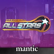 The image features the logo for "Dreadball All Stars," prominently displayed against a futuristic cityscape with tall, sleek buildings and a purple sky. The logo includes the words "DREADBALL" in bold yellow and "ALL STARS" in silver, with a stylized star and a dynamic design element suggesting movement. The Mantic logo is positioned at the bottom, indicating the publisher's branding.