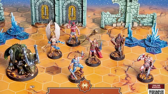A vibrant tabletop scene features several detailed miniatures from the Preternian Heroes Faction of Masters of the Universe: Battleground. The characters, including a winged figure, a muscular warrior, and a bionic triceratops, are positioned on a hexagonal grid terrain, with a backdrop of stone ruins and crystalline structures. The bottom of the image displays a label reading "WAVE 10 PRETERNIAN HEROES FACTION" along with a QR code for an online manual.