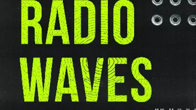 Cover art for Radio Waves RPG. Black background with large neon-green text reading "RADIO WAVES" and "A MICRO RPG ABOUT SURVIVAL." Bottom right shows a vintage radio dial with MHz tuning knob and speaker grille.