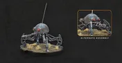 A DSD1 dwarf spider droid is depicted on a circular base, surrounded by tufts of dry grass. The droid features a rounded metallic body with red eyes and multiple articulated legs, showcasing its agile design. An inset image highlights an alternate assembly option for the droid, emphasizing its versatility in construction.