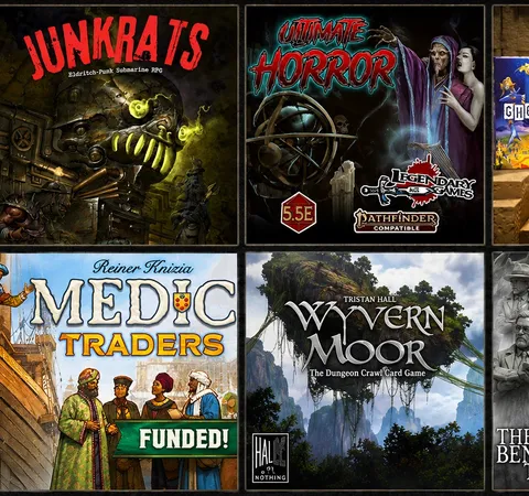 Four tabletop game box covers: Ultimate Horror, Mexico, Wyvern Moor, The Silence Beneath the Silk.