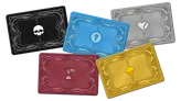 Four game cards are displayed against a black background, each featuring distinct designs. The top left card is black with a white skull icon, while the top right card is blue with a question mark in the center. The bottom left card is maroon, adorned with a heart and hourglass symbol, and the bottom right card is also maroon, featuring a simple design. Each card has ornate borders that enhance their fantasy theme, reflecting the Critical Role universe.
