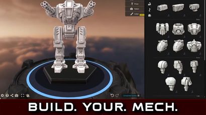 A 3D model of a mech stands prominently on a circular base, showcasing a robust design with multiple arm-mounted weapons and a detailed cockpit. To the right, a user interface displays various customization options, including mech parts, sizing, pose, and color settings. The background features a gradient sky, enhancing the futuristic theme of the scene.