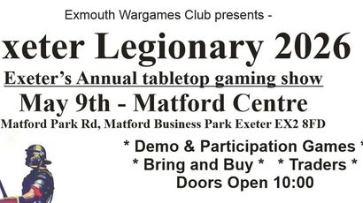 A promotional poster for "Exeter Legionary 2022," featuring bold text announcing the event as Exeter's annual tabletop gaming show. The date is set for May 9th at the Matford Centre, located at Matford Business Park, Exeter. Additional details highlight activities such as demo and participation games, a bring-and-buy section, and trading opportunities, with doors opening at 10:00.