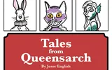 "Tales from Queensarch By Jesse English" with 9 illustrated character portraits in a grid.