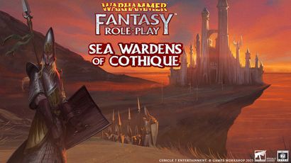 A dark, atmospheric illustration features a High Elf figure in armor, holding a shield, set against a dramatic landscape with a distant castle and mountains under a sunset sky. The title "WARHAMMER FANTASY ROLE-PLAY" is displayed at the top, with "SEA WARDENS OF COTHIQUE" prominently featured below in bold, stylized text. The overall color palette includes deep reds and purples, enhancing the mystical and adventurous theme of the High Elf kingdom.