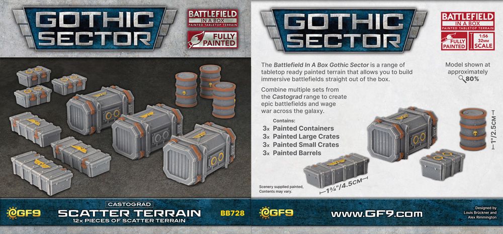 A collection of pre-painted scatter terrain pieces from the Gothic Sector: Castograd range, featuring various containers and crates. The set includes three painted large crates, three painted small crates, three painted barrels, and three painted containers, all designed for 28-35mm scale tabletop games. The terrain is showcased against a simple background, emphasizing its detailed design and suitability for creating immersive battlefields.