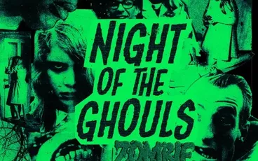 Green-tinted horror scene with three zombie faces in the background. Central text reads: "ZOMBIE BRAINEATERS! NIGHT OF THE GHOULS." Foreground shows a woman with long hair and a man in a hospital bed.