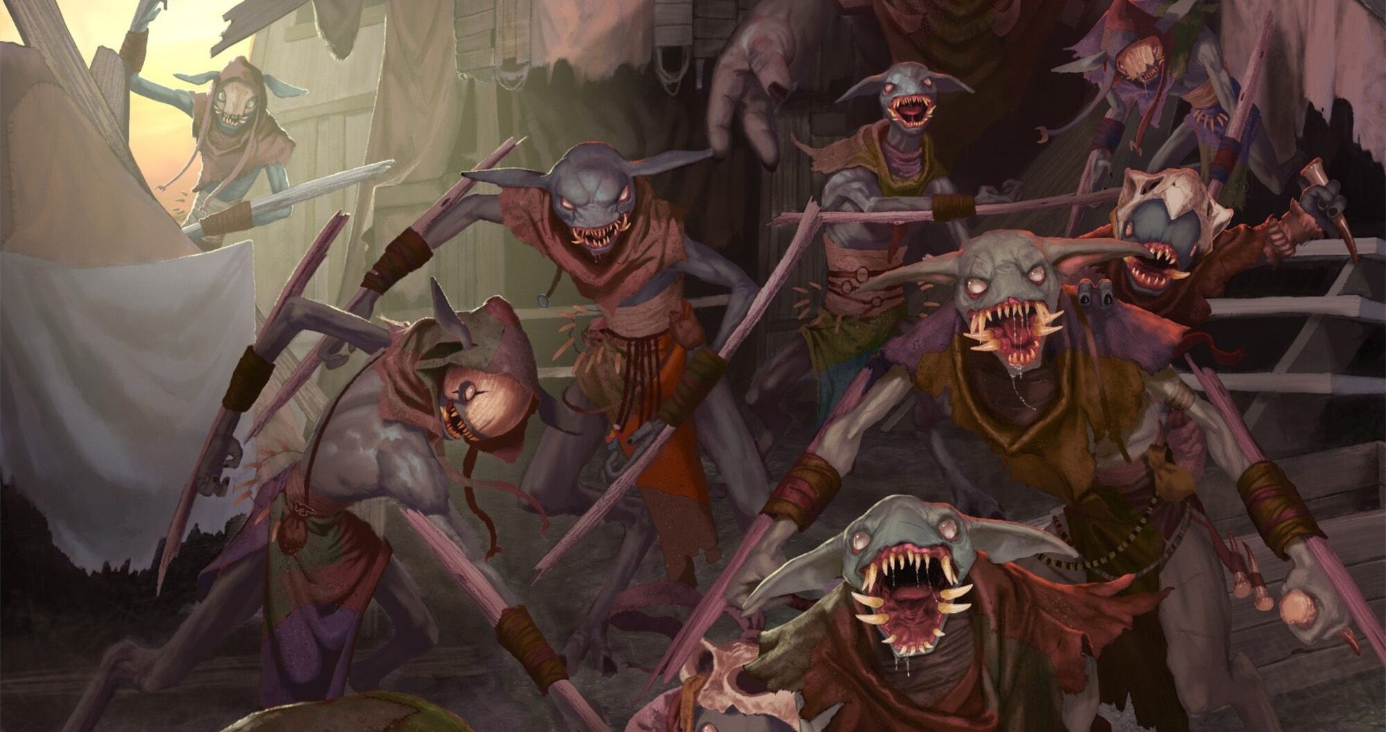 A group of grotesque, humanoid creatures known as Dregs from the Urmeck faction is depicted, showcasing their menacing features. They have pale, grayish skin, sharp teeth, and large ears, dressed in tattered, earthy-toned clothing that suggests a savage lifestyle. The Dregs are armed with makeshift weapons and are positioned in a chaotic, aggressive stance, emphasizing their role as overwhelming foot soldiers in the Maladum tabletop game.