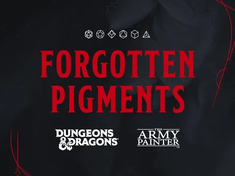 Dark background with red border. Five dice icons aligned horizontally at top. Bold red text reads "FORGOTTEN PIGMENTS." Below, "DUNGEONS & DRAGONS" logo in red and white, and "THE ARMY PAINTER" logo in white. Copyright text at bottom.