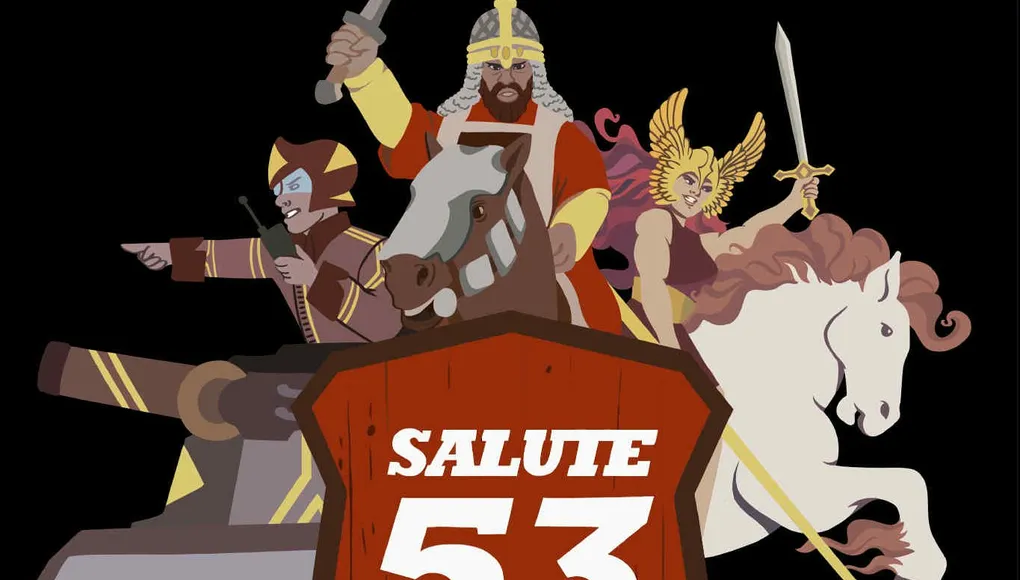 A stylized graphic features a large, bold shield with the text "SALUTE 53" and "SOUTH LONDON WARLORDS" prominently displayed. Behind the shield, a tank and various figures, including knights on horseback and a warrior with a sword, are depicted in a dynamic arrangement. The phrase "SOUND THE CHARGE!" is boldly written at the bottom, emphasizing the theme of action and excitement.
