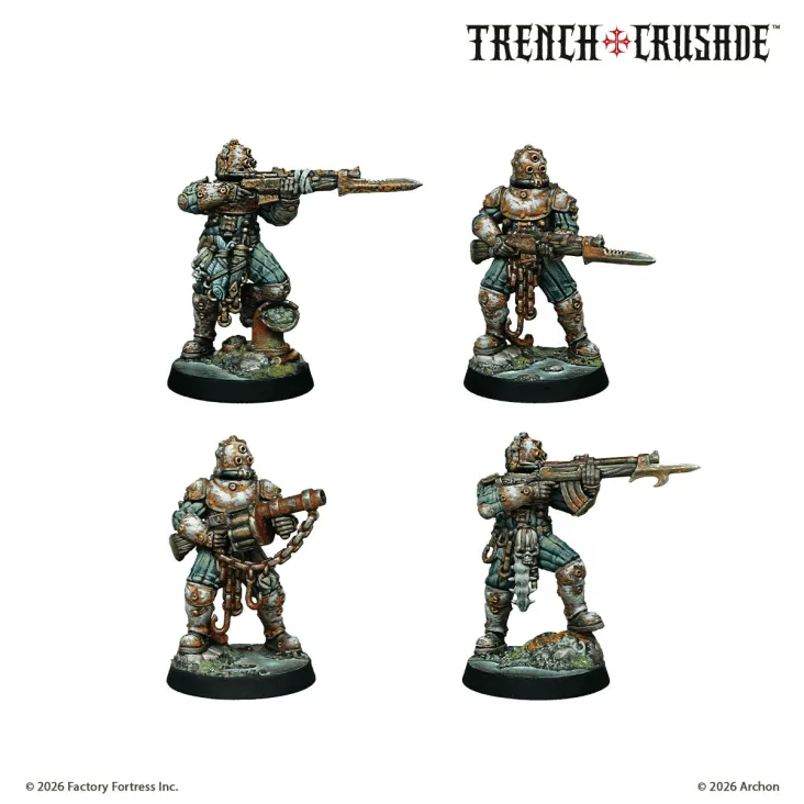 Four miniatures from the "Trench Crusade: Carcass Front" game are displayed, showcasing a grimdark aesthetic. Each figure is heavily armored, featuring a mix of medieval and steampunk elements, with intricate details like chains and weaponry. The miniatures are posed in various stances, holding weapons such as rifles and swords, and are mounted on circular bases, emphasizing their readiness for battle in the game's narrative campaign.