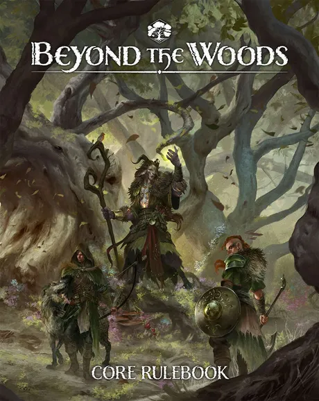 "Beyond the Woods" text above a forest scene with three figures: one with antlers, one with a staff, one with a shield.