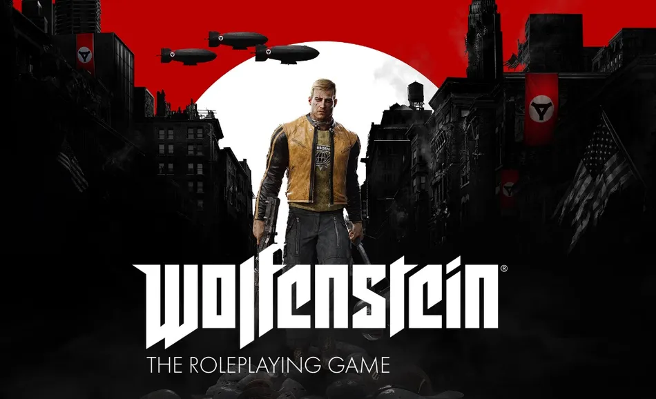 A muscular, blonde male character stands prominently in the foreground, wearing a yellow and black jacket, with a gun in one hand and a determined expression. Behind him, a dark, dystopian cityscape is visible, featuring crumbling buildings and Nazi flags, with ominous airships hovering in the sky. The title "WOLFENSTEIN" is displayed in bold white letters at the bottom, accompanied by the subtitle "THE ROLEPLAYING GAME."