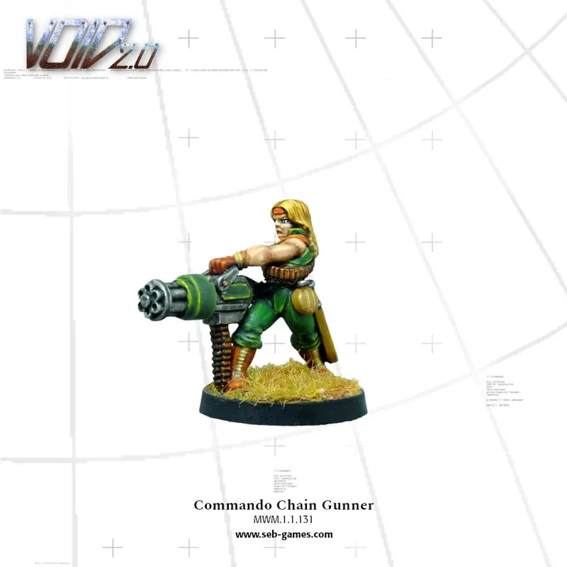 A miniature figure of a Commando Chain Gunner stands confidently, wielding a large chain gun. The figure is dressed in green tactical gear, with a headband and long blonde hair, and is positioned on a base with tufts of grass. The background is a simple grid pattern, emphasizing the figure's details and colors.
