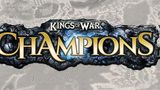The logo for "Kings of War: Champions" features bold, stylized text with "KINGS OF WAR" in gold above "CHAMPIONS," which is highlighted in a bright blue against a textured black stone background. The design conveys a sense of fantasy and adventure, suitable for a tabletop gaming theme. The backdrop includes a faint map-like texture, suggesting a rich game world.