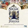 A decorative illustration featuring the text "Siege Perilous" in large, ornate lettering at the center. Above the text, there is a crown with intricate scrollwork. Below the text, there is an illustrated throne with a chalice on the seat, surrounded by elaborate gold and blue designs. On either side of the central text, there are two figures: on the left, a knight in armor holding a shield with the partially visible text "RUBEO DRACO" and on the right, a bearded man in a red and gold hat holding a scroll with the partially visible text "VIRTUTIS ATQUE LARGITATIS". In the background, there are illustrations of castles and trees. At the bottom, the text reads "ARTHURIAN ADVENTURE IN THE AGE OF CHIVALRY & VALOUR". The names Brian Saliba, Jay Johnstone, Ivan Alexiev, and Jay Musen are listed, along with the Play to Z logo.