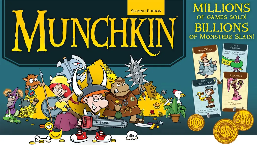 A colorful illustration features a group of whimsical characters from the game "Munchkin." In the foreground, a boy in a horned helmet wields a chainsaw labeled "ORC-B-GONE," while a girl in a yellow dress and a character resembling a bear hold various weapons. Behind them, a pile of gold coins and treasure glimmers, with additional characters and weapons scattered throughout the scene, all set against a dark background with the title "MUNCHKIN" prominently displayed at the top.