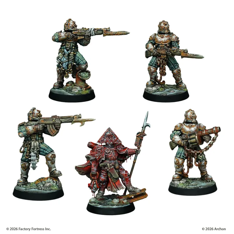 Five intricately designed miniatures from the Carcass Front expansion of the Trench Crusade game are displayed. The figures include two armored soldiers wielding rifles, one holding a chainsaw, and another with a large weapon, all featuring detailed textures and weathering effects. In the center stands a menacing figure in a red robe and pyramid-shaped headpiece, holding a spear, embodying the grimdark aesthetic of the game. Each model showcases unique assembly options for customization.