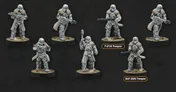 A group of six miniatures representing Imperial Range Troopers, each dressed in white and gray winter gear, stands against a dark background. The troopers are equipped with various weapons, including rifles and blasters, and feature distinctive fur-lined capes. Labels identify two of the troopers as "T-21A Trooper" and "DLT-20A Trooper," highlighting their roles within the faction.