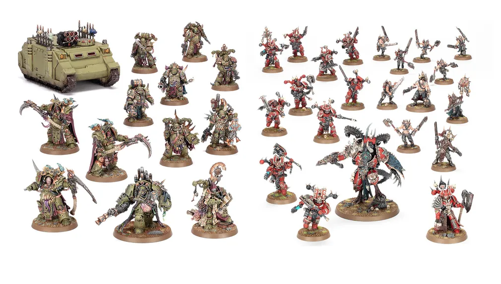 A collection of miniatures representing the forces of Khorne and Nurgle from Games Workshop. On the left, a green armored vehicle is accompanied by several Nurgle-themed figures, characterized by their grotesque details and muted colors. On the right, Khorne warriors are depicted in vibrant red and black armor, showcasing a variety of weapons and dynamic poses, all set on circular bases.
