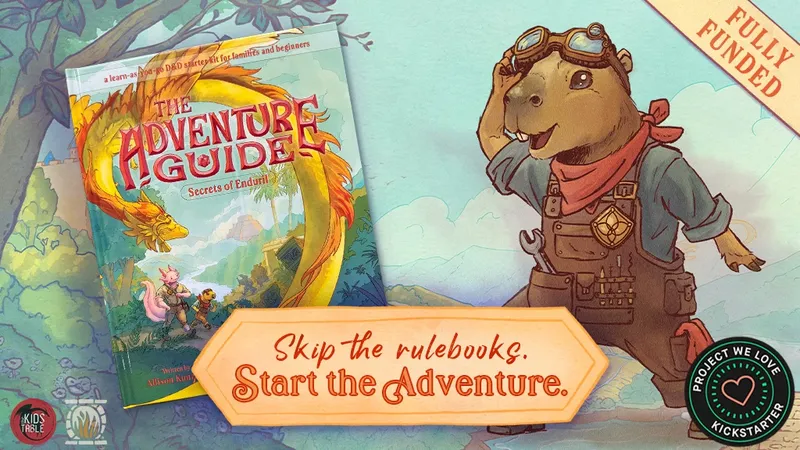 Illustrated book cover for *The Adventure Guide: Secrets of Enduril*. A large, stylized red dragon with yellow and orange scales coils around the left side, its head near the top. Behind the dragon, a tropical shoreline with palm trees and mountains is visible. On the right, a cartoonish humanoid badger wearing aviator goggles, a red scarf, and a brown leather vest stands on a stone pillar, holding a rolled-up map. A parchment banner at the bottom reads: "Skip the rulebooks. Start the Adventure." The book’s title, *The Adventure Guide*, appears in large, bold red letters along the dragon’s body, with "Secrets of Enduril" in smaller white text below. At the top left, smaller text reads: "D&D Starter Kit for families and beginners."