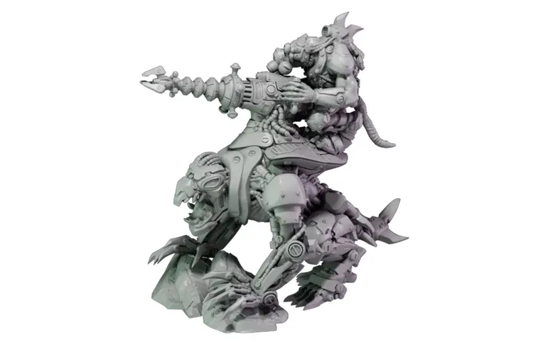 A detailed miniature depicts a Verr-Myn rider mounted on a large, cybernetically enhanced creature. The rider is equipped with a futuristic weapon, showcasing intricate mechanical details and a fierce expression. The creature features a muscular build with clawed limbs and a menacing face, emphasizing its role as a formidable combat mount.