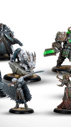 A collection of highly detailed miniatures from the new Warmachine starter set, "Frozen and Forgotten," features two distinct warbands. On the left, dark elves Nyss hunters are represented, including Lanyssa Ryssyl, a character in ornate armor, and various character warbeasts, all in dark and muted colors. On the right, the ogres Orgoth Graveborn are led by Anathia, the Imperishable Desolation, clad in heavy armor with green accents, alongside other character units, showcasing a mix of dark and metallic tones. The miniatures are set against a light background, highlighting their intricate designs.
