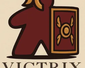 A stylized logo features a red game piece resembling a Roman soldier, complete with a golden helmet and a shield adorned with a decorative emblem. Below the figure, the word "VICTRIX" is displayed in bold, dark lettering. The background is a light beige color, enhancing the logo's vibrant elements.