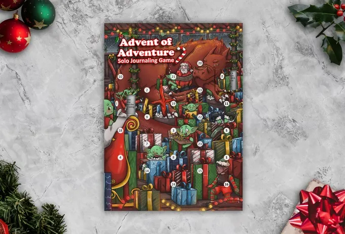Advent of Adventure Solo Journaling Game calendar with numbered doors, Santa, dragon, and presents.