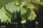 Three robed figures stand in a green-lit chamber with floating golden spheres and a large circular structure.