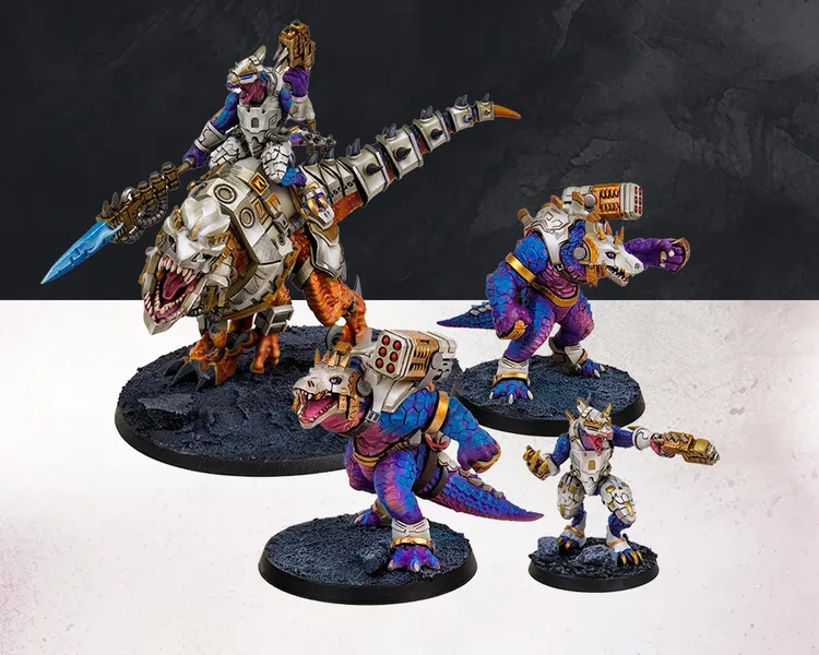 A dynamic scene features a group of colorful, sci-fi lizardmen from the Saurian Starhost army, showcasing their unique designs and vibrant colors. The central figure is a larger lizardman mounted on a dinosaur-like creature, equipped with futuristic armor and a glowing blue weapon. Surrounding them are smaller lizardmen, each adorned with mechanical enhancements and distinctive armor, all set against a textured black base that adds depth to the display.