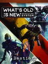 Two characters in futuristic armor: one with a yellow and black suit holding a large weapon, the other in a dark suit with a helmet and holding a gun. A third armored figure in green and gold stands in the background. Text reads: "WHAT'S OLD IS NEW ROLEPLAYING SYSTEM."
