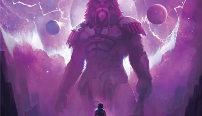 Traveller: The Aslan Hierate, large lion-like figure, small figure with sword, purple space backdrop