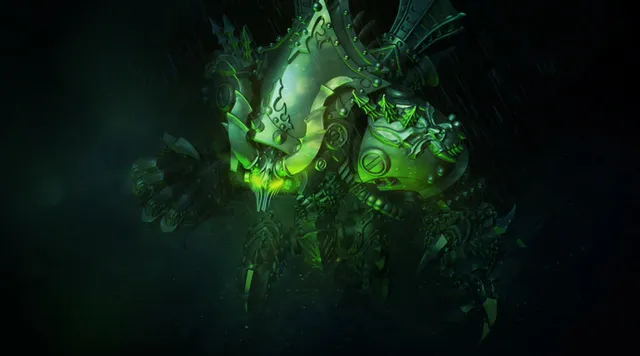 A towering 80mm warjack named Deathjack, characterized by its dark, menacing design, stands prominently in the image. Its body is adorned with spikes and skulls, featuring glowing green accents that enhance its intimidating presence. The background is dark and atmospheric, suggesting a foreboding environment fitting for this soul-hungry terror.